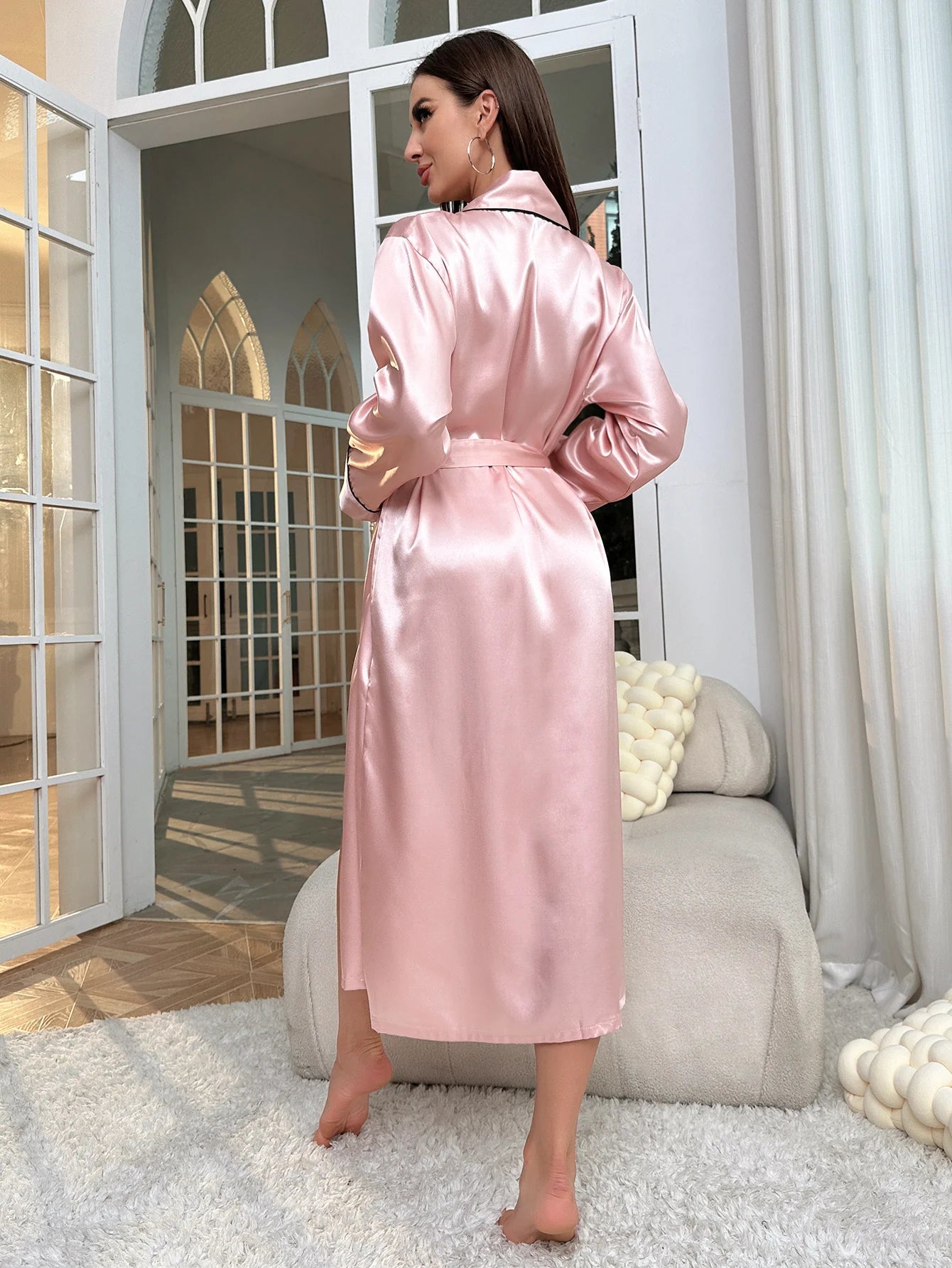 Women's Satin Long Sleeve Night Robe with Belt - V Neck Sleepwear
