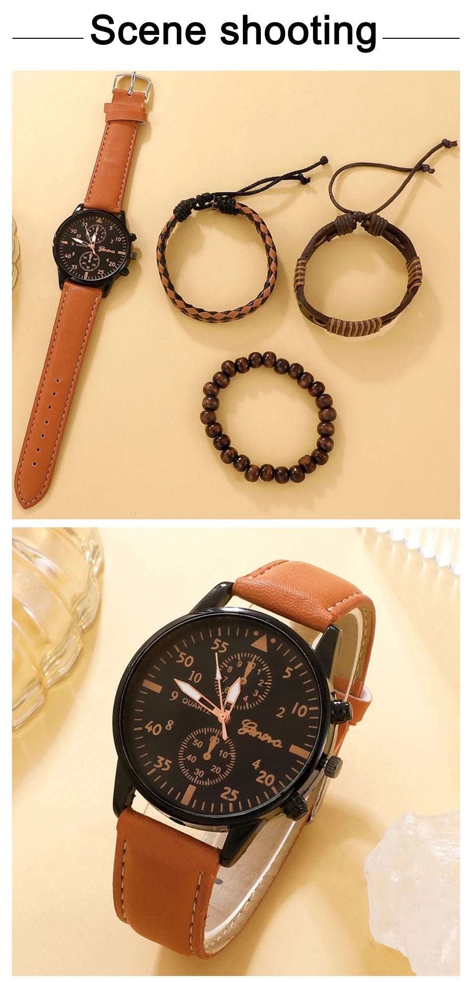 5-Piece Men's Fashion Watch & Bracelet Set – Sports Style, Leather Band Quartz Wristwatch