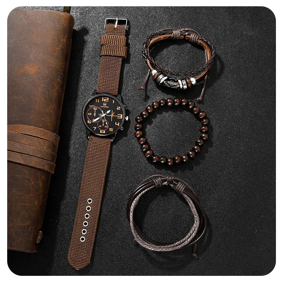 Men's 4-Piece Luxury Watch & Bracelet Set – Black Big Dial, Leather Band Quartz Watch