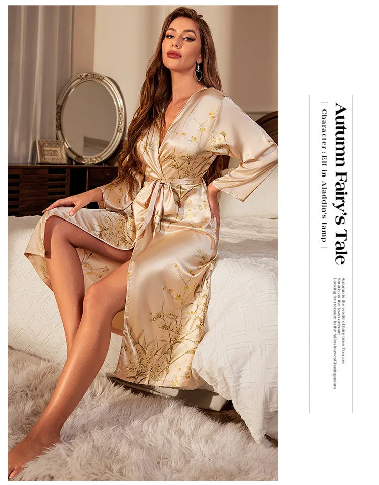 Floral Print Satin Kimono Robe - Women's Long Bathrobe Sleepwear