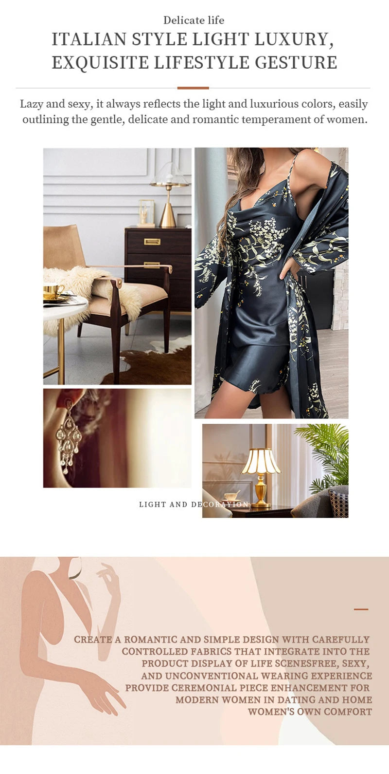 Women's Silk-Feel Floral Pajama & Night Robe Set - 2-Piece Homewear