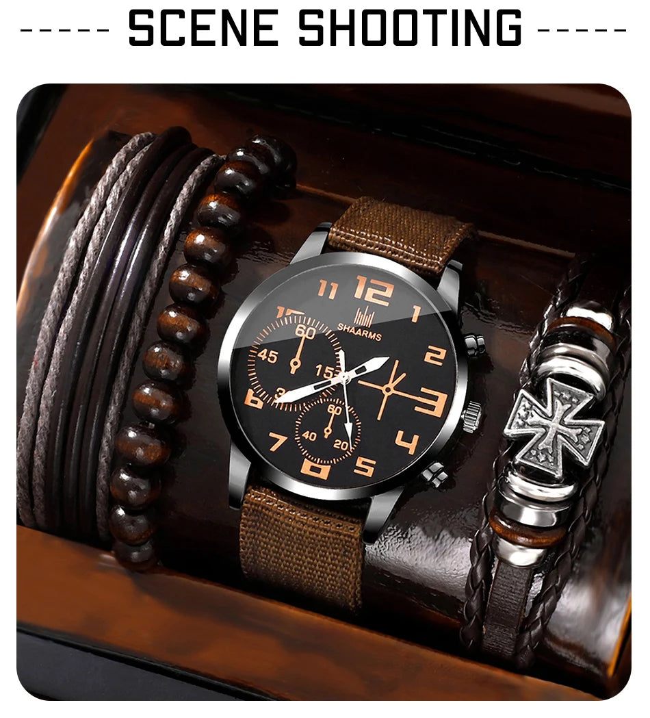 Men's 4-Piece Luxury Watch & Bracelet Set – Black Big Dial, Leather Band Quartz Watch
