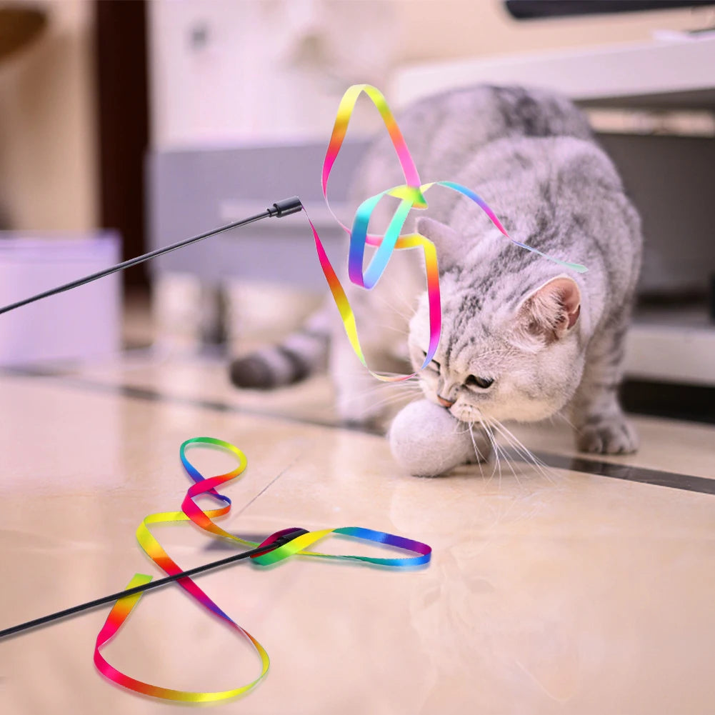 3Pcs Cat Teaser Wand Toy – Rainbow Ribbon Stick for Interactive Indoor Play