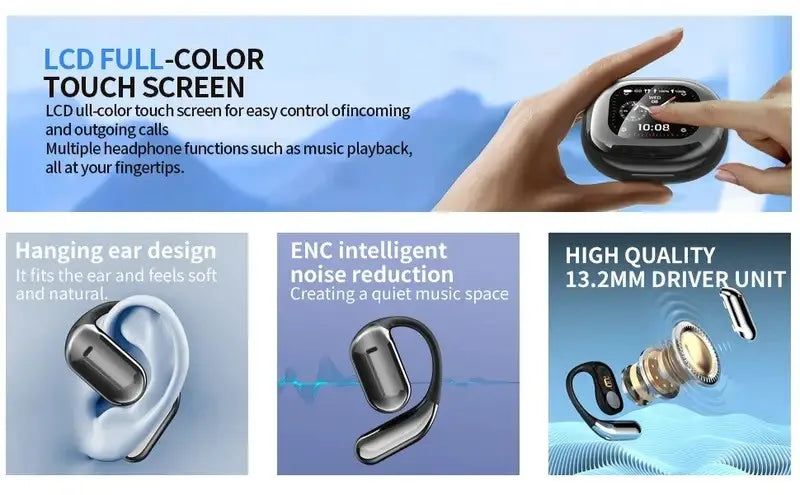 Open Ear Bluetooth Earbuds with Touch Screen Case - ANC Noise Cancelling Wireless Ear Hook Headphones