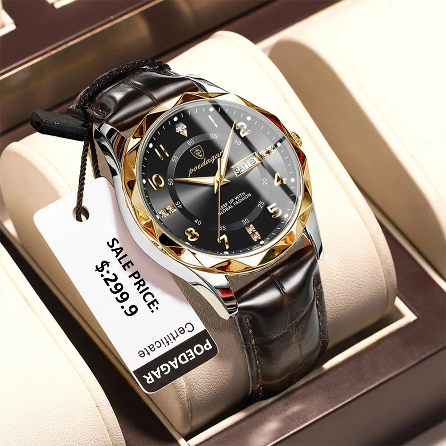 Luxury Men's Waterproof Sports Watch – Quartz Leather Wristwatch with Date & Week Display