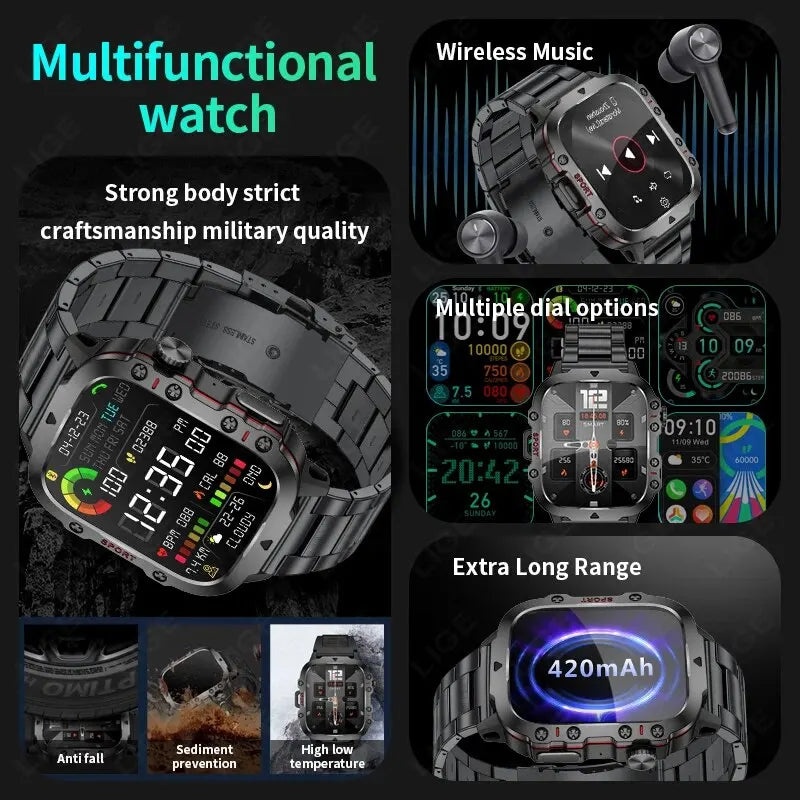 LIGE 1.96" Smart Watch Bluetooth Call & Voice Assistant | Waterproof Fitness Tracker for Men
