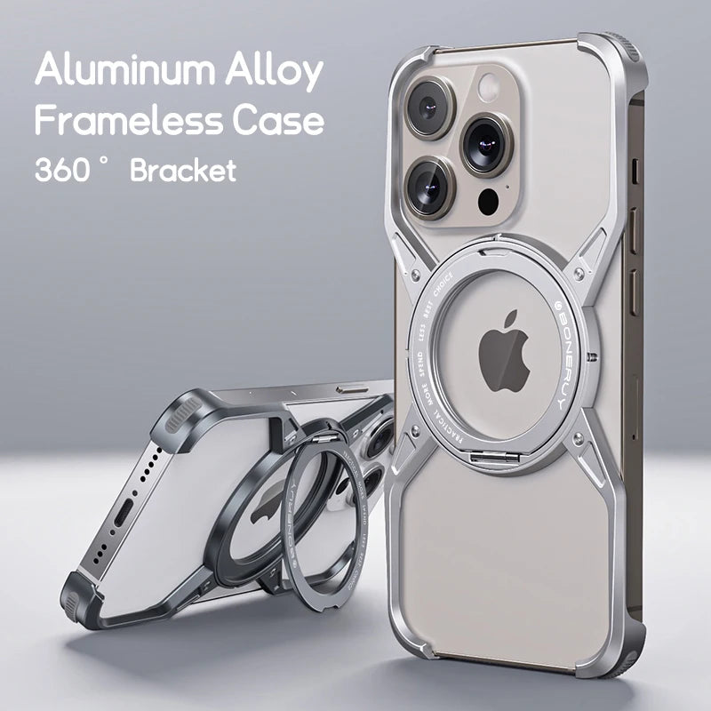 Metal Aluminum Alloy Magnetic Frameless Phone Case for iPhone 13/14/15 Pro Max - 360° Rotating Bumper, Shockproof Design
