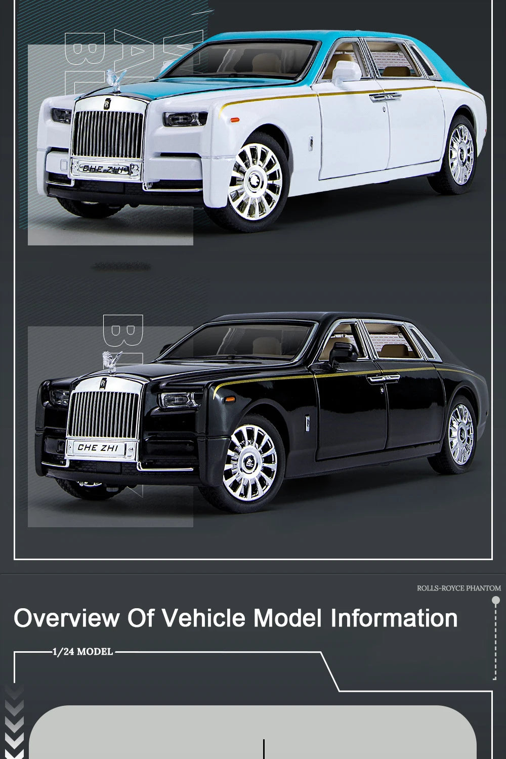 1:24 Rolls Royce Phantom Diecast Model Car – Pull Back Toy with Lights & Music