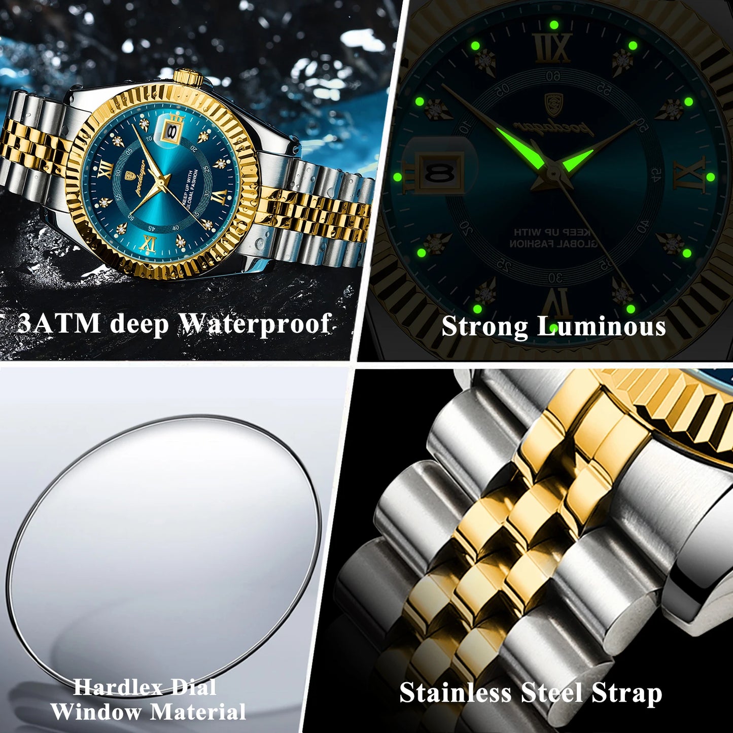 Men's Luxury Sports Watch – Waterproof Stainless Steel Quartz with Luminous Date Display