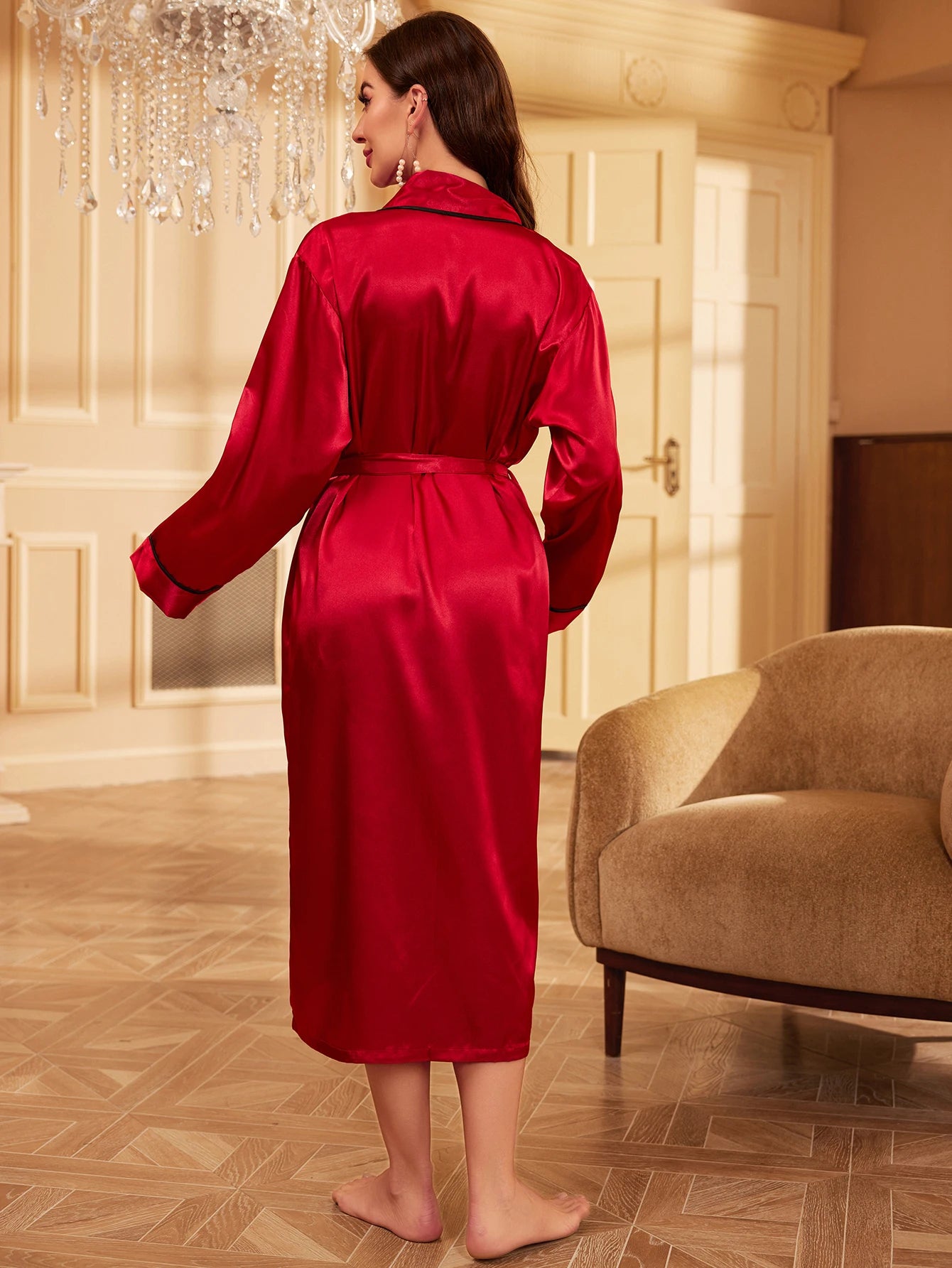 Women's Satin Long Sleeve Night Robe with Belt - V Neck Sleepwear