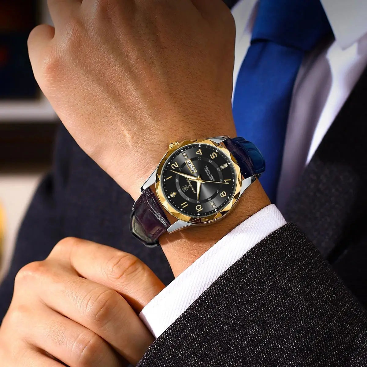 Luxury Men's Waterproof Sports Watch – Quartz Leather Wristwatch with Date & Week Display