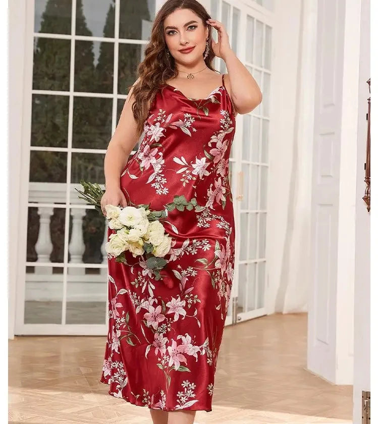 XL-5XL Women's Satin Nightgown - Loose Fit Summer Loungewear