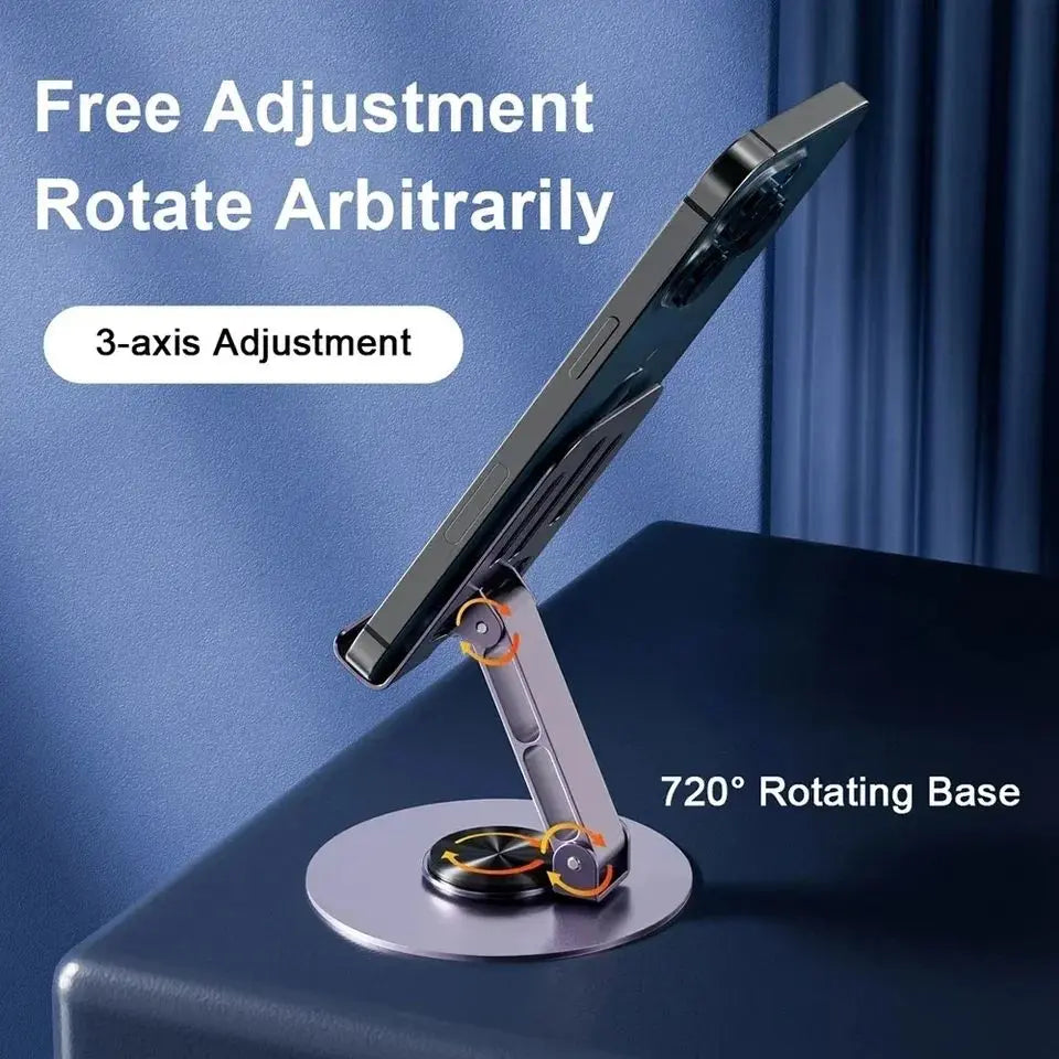 All-Metal Aluminum 360° Rotating Phone Holder – Universal Foldable Desk Stand with Double Shaft Design, Anti-Fall Stability
