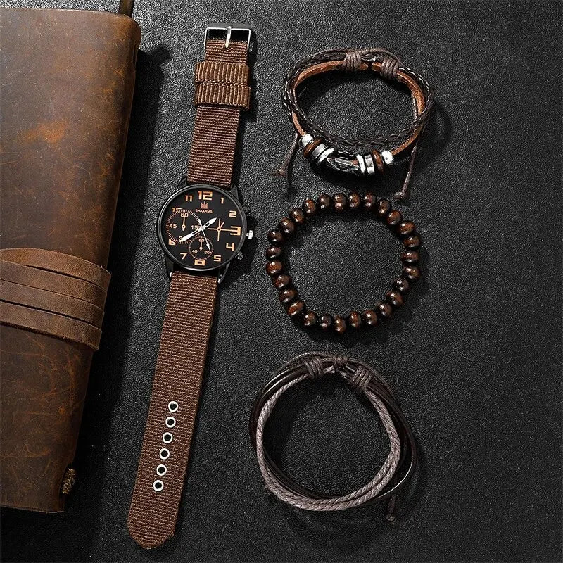 Men's 4-Piece Luxury Watch & Bracelet Set – Black Big Dial, Leather Band Quartz Watch