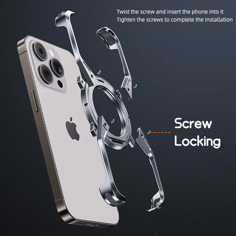 Metal Aluminum Alloy Magnetic Frameless Phone Case for iPhone 13/14/15 Pro Max - 360° Rotating Bumper, Shockproof Design