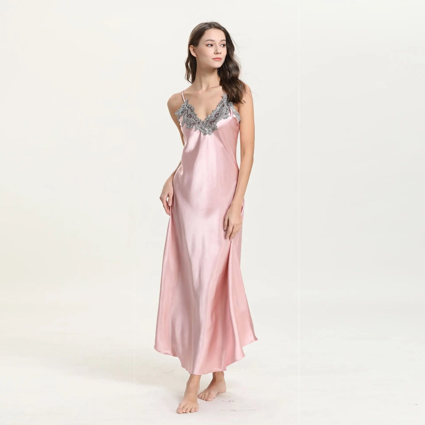 Women's Lace Satin Long Nightdress - Elegant Chemise Sleepwear