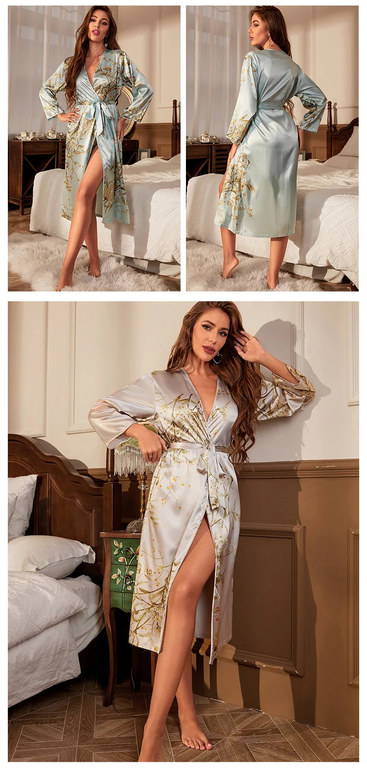 Floral Print Satin Kimono Robe - Women's Long Bathrobe Sleepwear