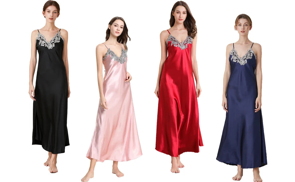 Women's Lace Satin Long Nightdress - Elegant Chemise Sleepwear