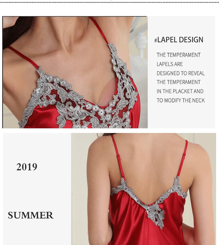 Women's Lace Satin Long Nightdress - Elegant Chemise Sleepwear