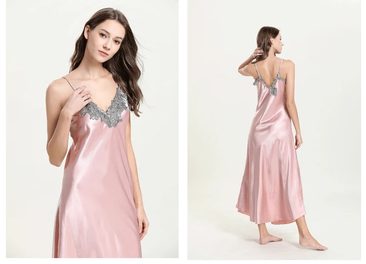 Women's Lace Satin Long Nightdress - Elegant Chemise Sleepwear