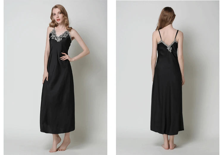 Women's Lace Satin Long Nightdress - Elegant Chemise Sleepwear
