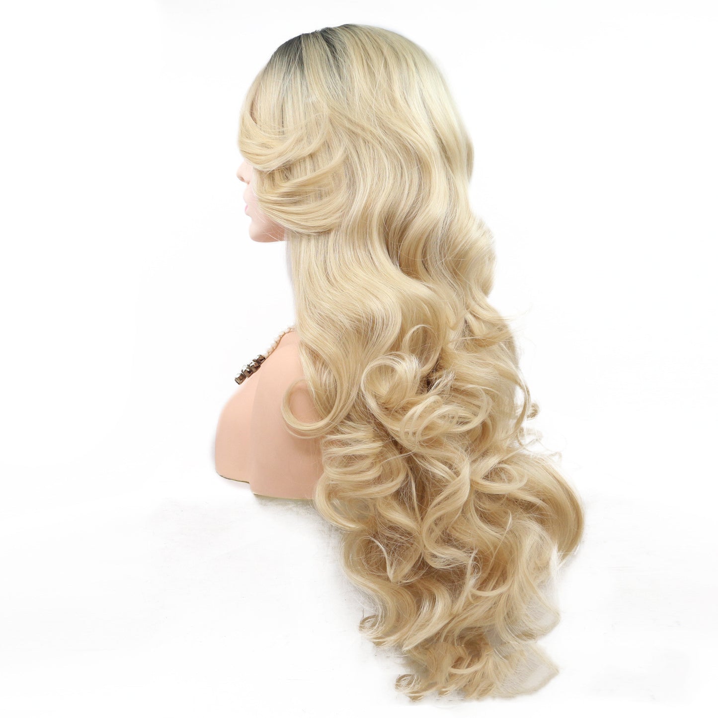 Blonde Front Lace Wig with Oblique Bangs – Long Curly Hair, Chemical Fiber