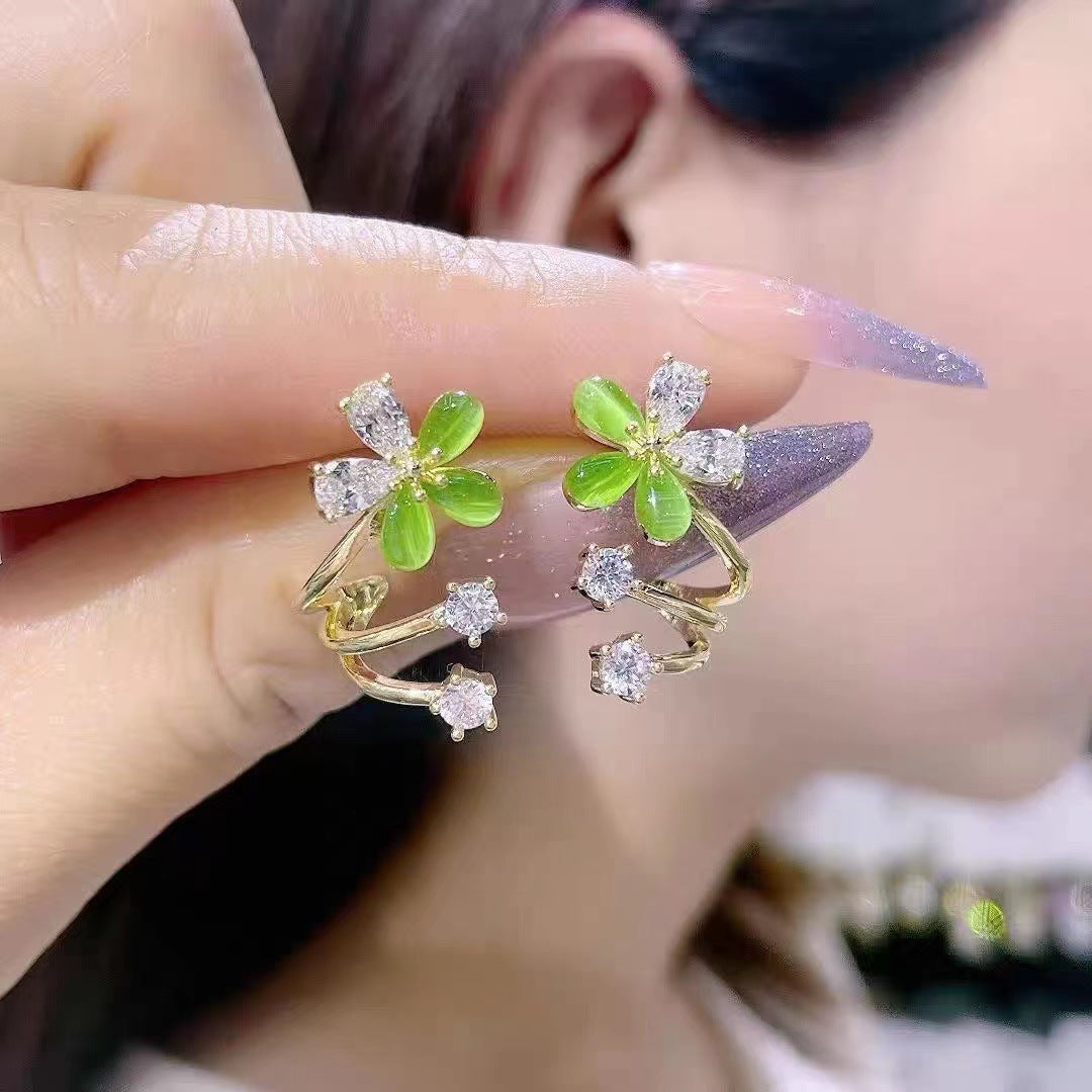 Artsy Cherry Blossom Earrings – Green Opal Diamond Color Flower Design