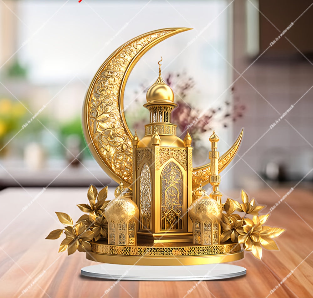 Yellow Golden 2D Acrylic Eid Ramadan Suncatcher Ornament with Base – Multi-Functional Home & Office Decor, Creative Ramadan Gift