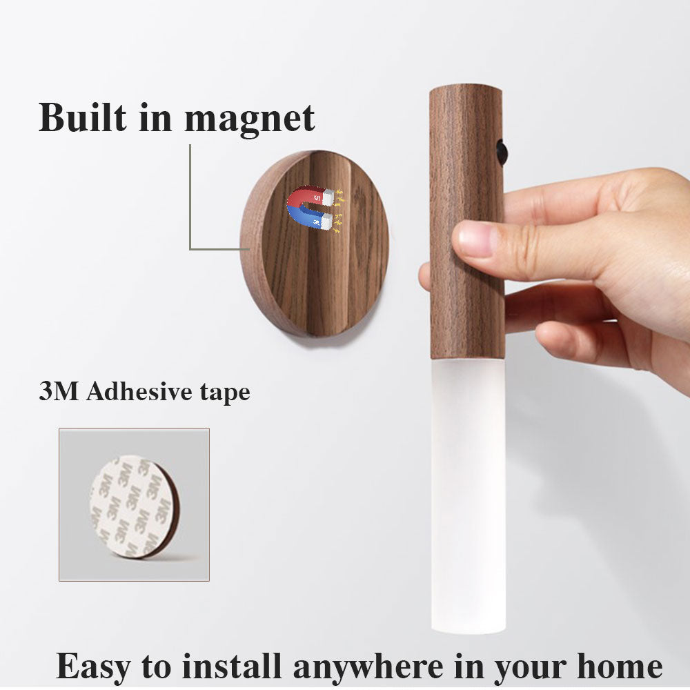 Auto LED USB Magnetic Wood Wireless Night Light – PIR Motion Sensor Wall Lamp