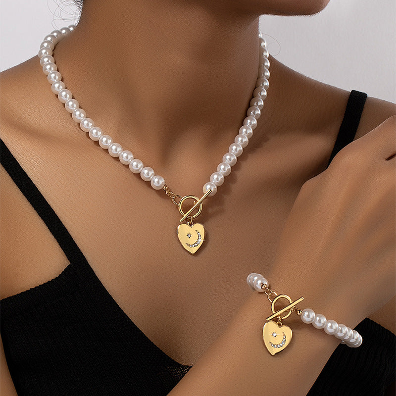 Pearl Heart Bracelet & Necklace Set – Elegant Women's Jewelry Clavicle Chain