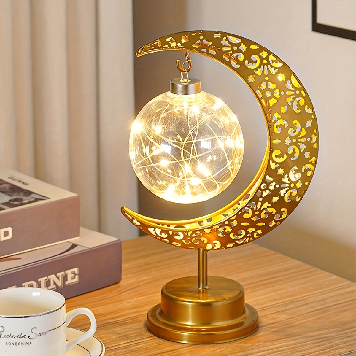 A Small Iron Moon and Star Round Ball Night Light – Ramadan, Valentine's Day Decorations, Cozy Bedroom Table Lamp with Atmospheric Design