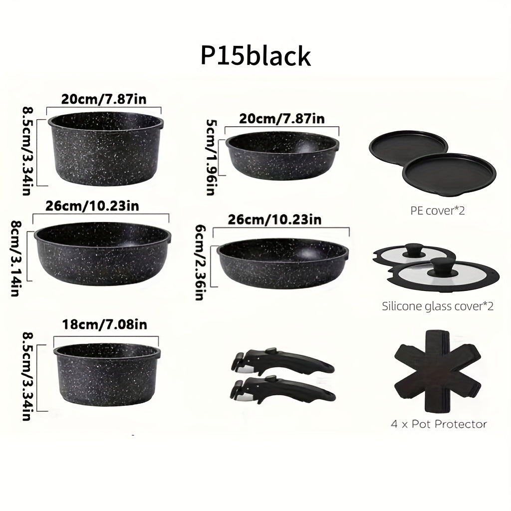 Aoran 15-Piece Nonstick Cookware Set With Detachable Handle – Induction, Dishwasher & Oven Safe