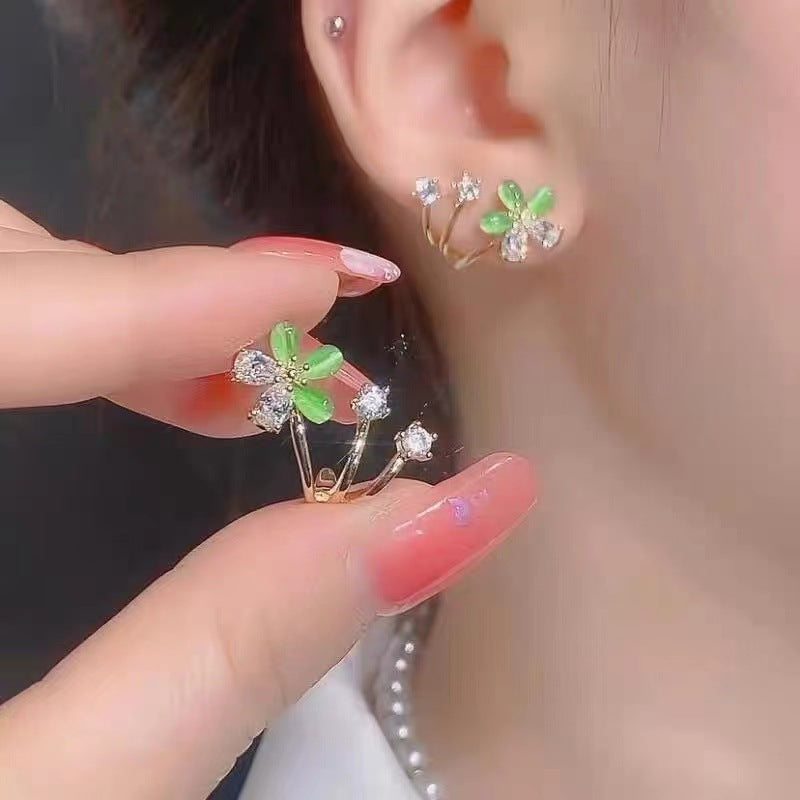 Artsy Cherry Blossom Earrings – Green Opal Diamond Color Flower Design