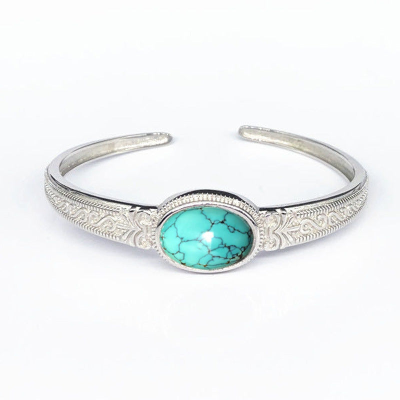 925 Silver-Plated Turquoise Bracelet for Men & Women – Retro Adjustable Design