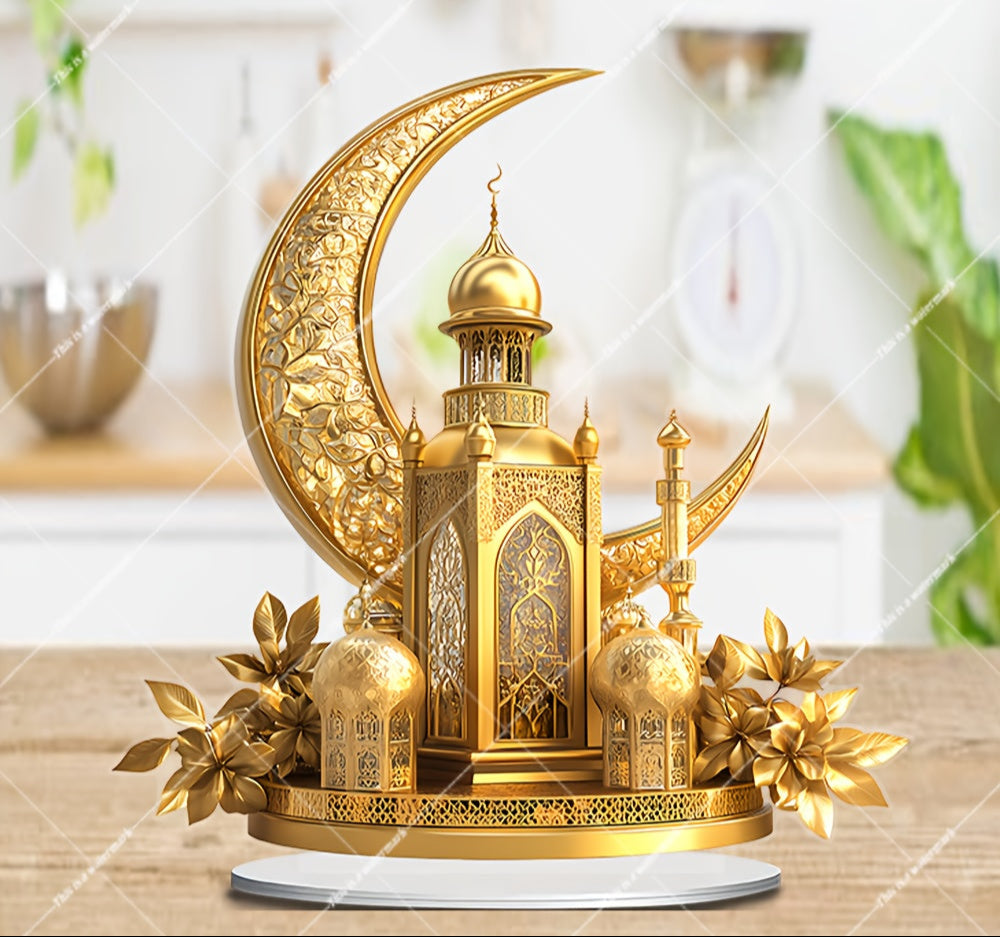 Yellow Golden 2D Acrylic Eid Ramadan Suncatcher Ornament with Base – Multi-Functional Home & Office Decor, Creative Ramadan Gift