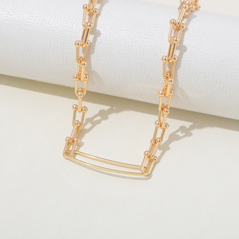 European & American Retro U-Shaped Double-Layer Metal Chain Necklace – Unisex Tag Pendant
