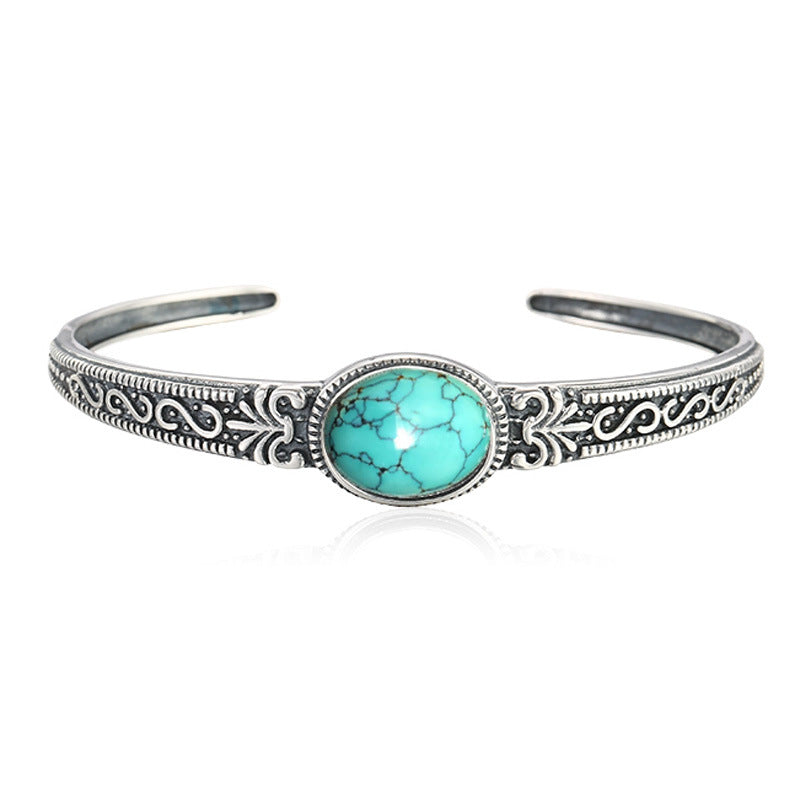 925 Silver-Plated Turquoise Bracelet for Men & Women – Retro Adjustable Design