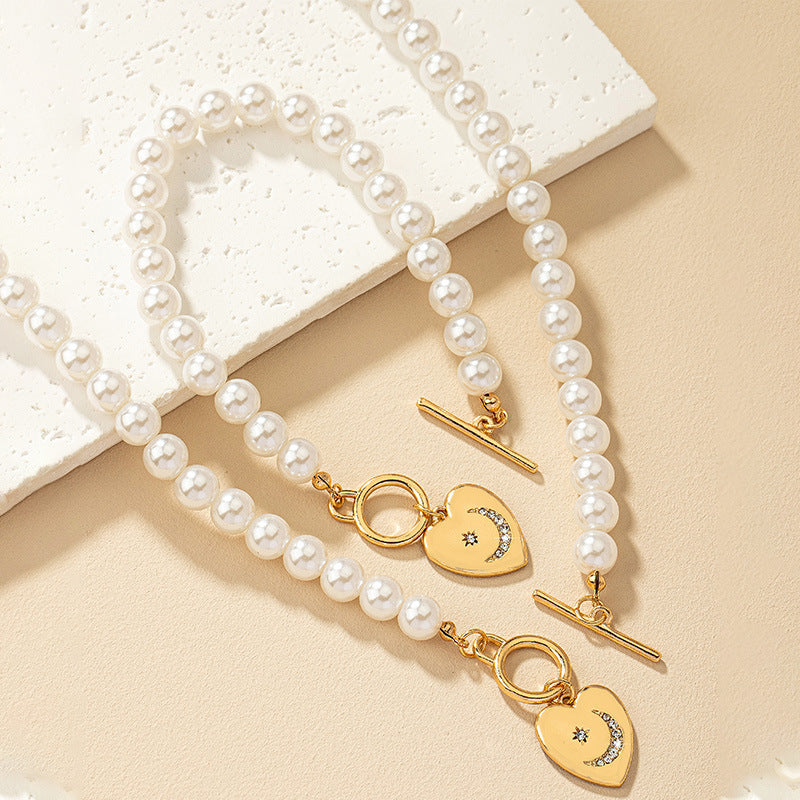Pearl Heart Bracelet & Necklace Set – Elegant Women's Jewelry Clavicle Chain