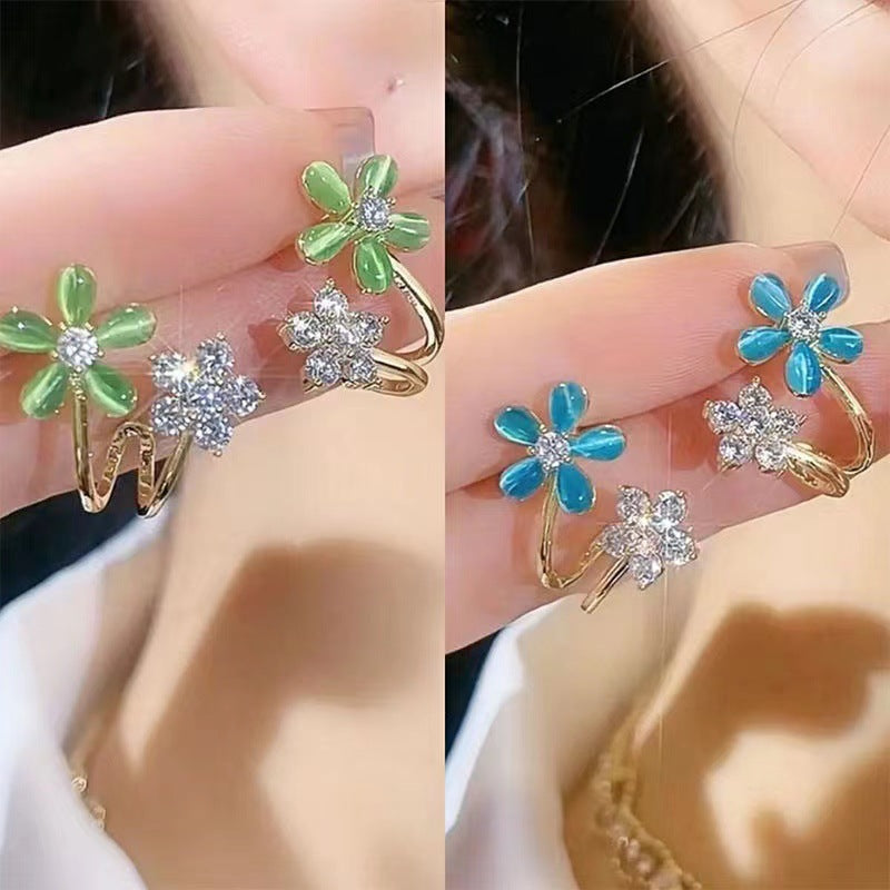 Artsy Cherry Blossom Earrings – Green Opal Diamond Color Flower Design
