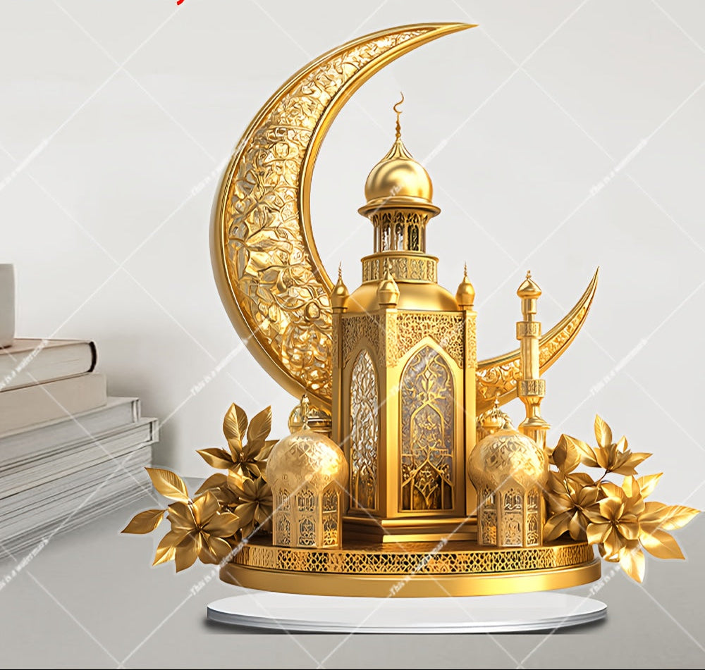 Yellow Golden 2D Acrylic Eid Ramadan Suncatcher Ornament with Base – Multi-Functional Home & Office Decor, Creative Ramadan Gift