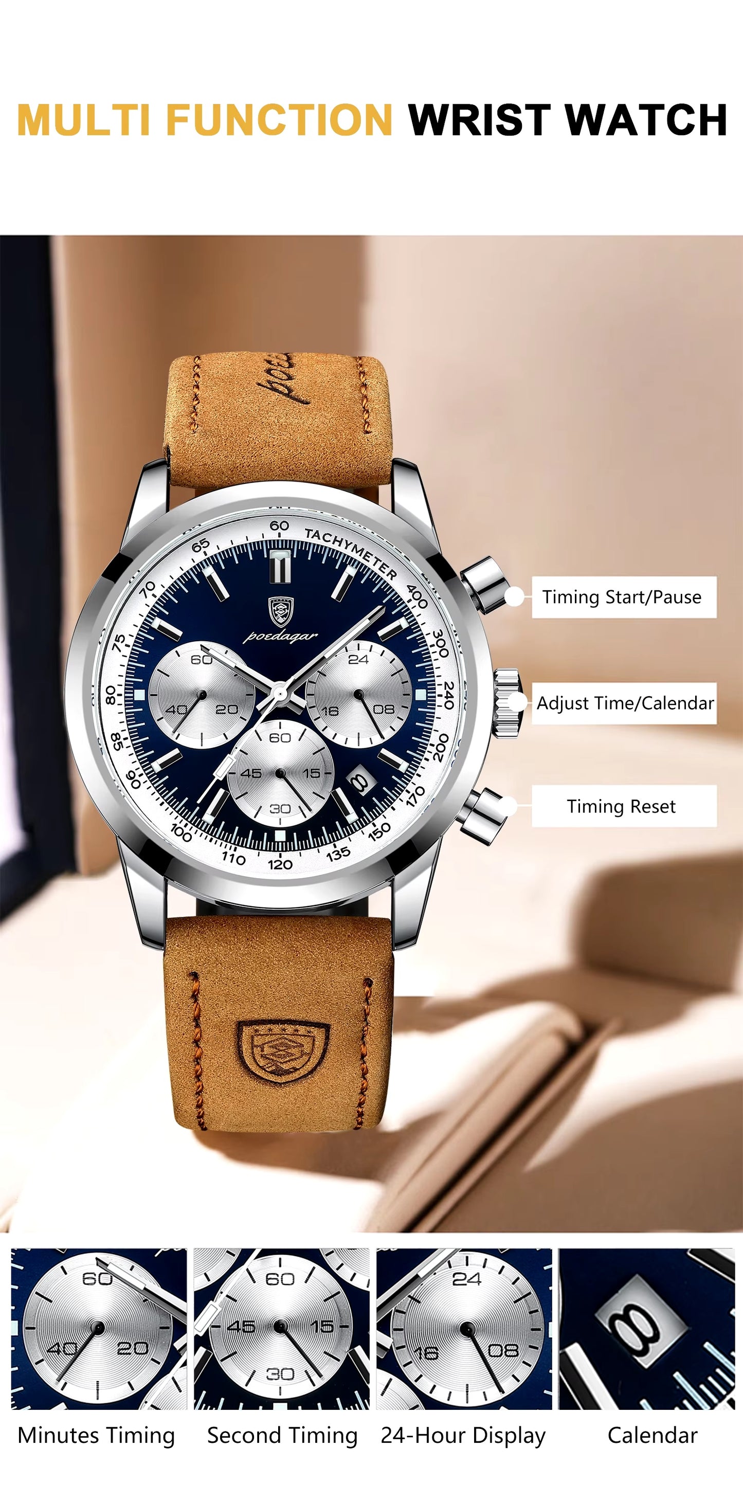 Men's Luxury Waterproof Chronograph Watch – Luminous Leather Quartz Wristwatch
