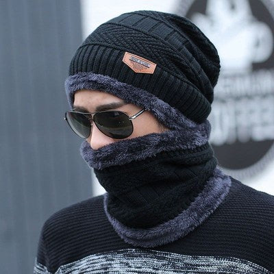 Korean Style Knitted Hat & Scarf Set – Warm Velvet Wool for Men