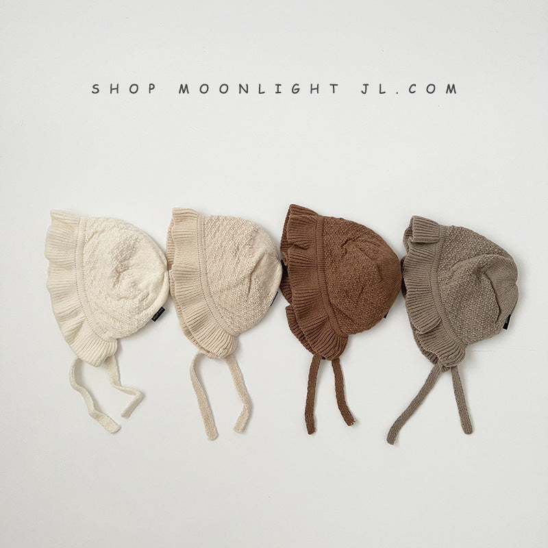 Solid Color Baby Hat with Fungus Edges – Knitted Lace-up Pullover Hat for Newborn Girls, Winter & Autumn