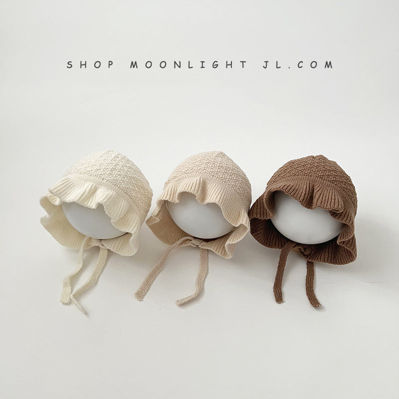 Solid Color Baby Hat with Fungus Edges – Knitted Lace-up Pullover Hat for Newborn Girls, Winter & Autumn