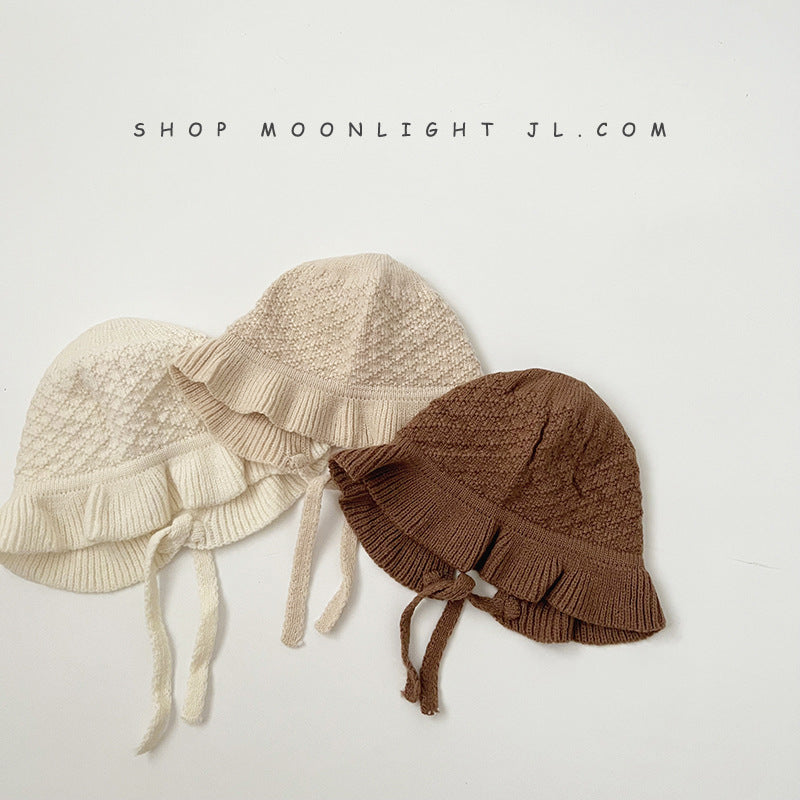 Solid Color Baby Hat with Fungus Edges – Knitted Lace-up Pullover Hat for Newborn Girls, Winter & Autumn