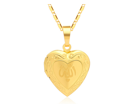 Heart-Shaped Allah Necklace – Islamic Religious Photo Frame Pendant