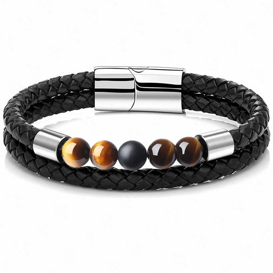 Punk Style Stainless Steel & Genuine Leather Bracelet with Tiger's Eye & Lava Stone