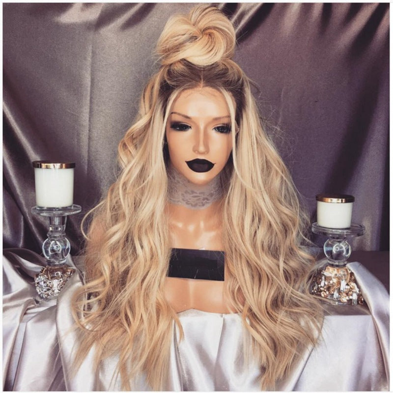 Gradient Color Mid-Length Curly Wig - Black & Golden Blend, European Fashion