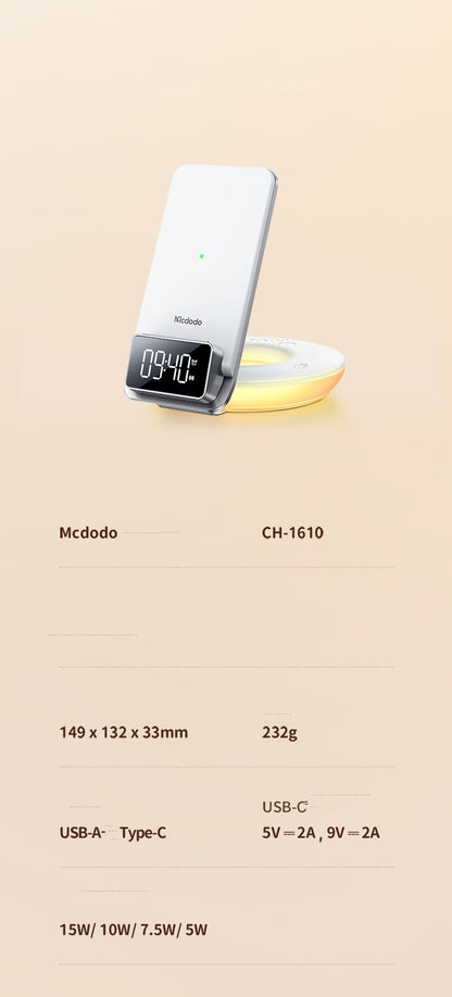 15W Foldable Wireless Charger Stand with Night Light & Alarm Clock