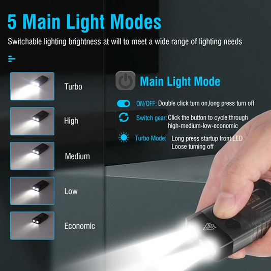 V10 Rechargeable LED Keychain Flashlight - 1000 Lumens Mini EDC with UV Light, Magnetic Tail, and Alarm